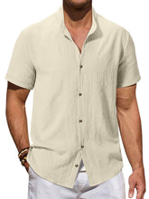 Load image into Gallery viewer, Men's summer stand collar cotton and linen solid color pleated texture comfortable short-sleeved shirt