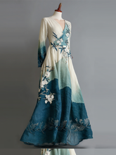 Load image into Gallery viewer, Women's Vintage Ink Painting Leaves And Flowers Linen Long Sleeve Dress
