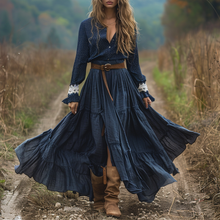 Load image into Gallery viewer, Women's Retro Pastoral Style Lace Long-sleeve Linen Maxi Long Dress