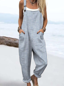 Women's Casual Blue Striped Print Strap Side Pocket Jumpsuit