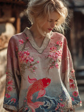 Load image into Gallery viewer, Vintage Pink Koi Floral Embroidery Gradient Linen Blend Shirt
