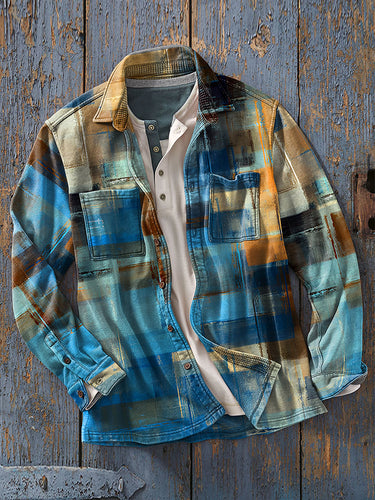 Wearshes Men's Vintage Gradient Plaid Art Casual Long Sleeve Shirt Jacket