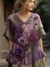 Load image into Gallery viewer, Vintage Bohemian Embroidered Floral Patchwork Linen T-shirt