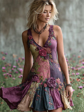 Load image into Gallery viewer, Vintage Roses Floral Embroidered Purple Patchwork Flowy Linen Dress