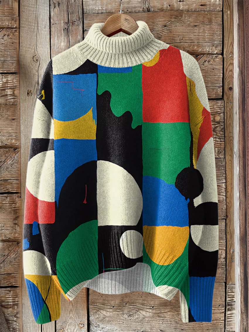 Abstract Shapes Print Knit Turtleneck Pullover Sweater