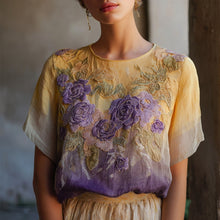 Load image into Gallery viewer, Vintage Purple Roses Embroidered Gradient Linen T Shirt