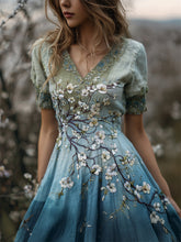 Load image into Gallery viewer, Almond Blossom Embroidered Gradient Linen Maxi Dress