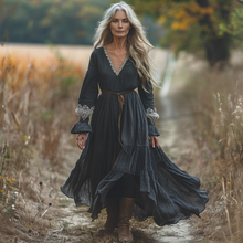 Load image into Gallery viewer, Women's Vintage Pastoral Style V-neck Linen Long-sleeve Maxi Long Dress