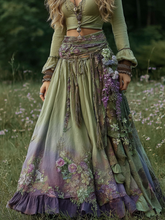 Load image into Gallery viewer, Vintage Boho Purple Floral Patchwork Art Flowy Casual Linen Skirt