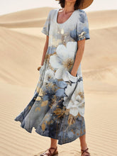Load image into Gallery viewer, White Floral Art Printed Women's Linen Pocket Dress
