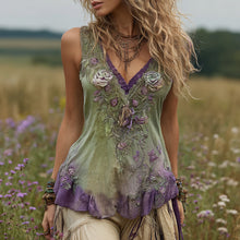 Load image into Gallery viewer, Vintage Green Purple Gradient Floral Embroidered V-neck Linen Blend Tank Top