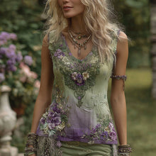 Load image into Gallery viewer, Vintage Floral Embroidered V-neck Linen Blend Tank Top