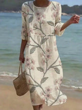 Load image into Gallery viewer, Women's Casual  Round Neck Mid Sleeve Print Cotton and Linen Dress
