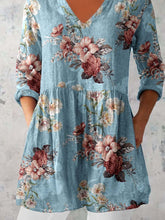 Load image into Gallery viewer, Women's Elegant Floral Pattern Round Neck Cotton and Linen Top