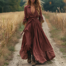 Load image into Gallery viewer, Women's Retro Pastoral Style Lace Long-sleeve Linen Maxi Long Dress