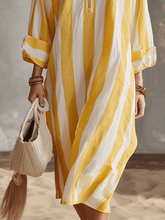 Load image into Gallery viewer, Relaxed Striped Resort Yellow &amp; White Stripe Midi Dress