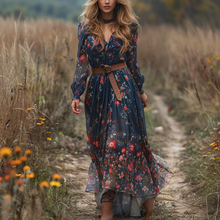 Load image into Gallery viewer, Women's Retro V-neck Floral Long-sleeve Bohemian Pastoral Style Maxi Long Dress