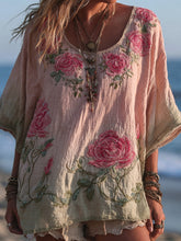 Load image into Gallery viewer, Women's Vintage Rose Gradient Art V Neck Linen Comfy T-shirt