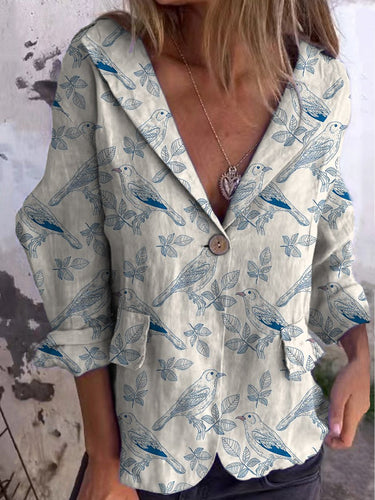 Line Drawing Spring Birds Pattern Printed Women's Linen And Cotton Pocket Coat