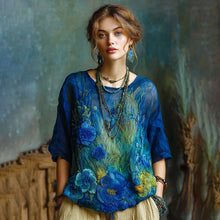 Load image into Gallery viewer, Vintage Oil Painting Floral Embroidered Contrast Flowy Linen Shirt