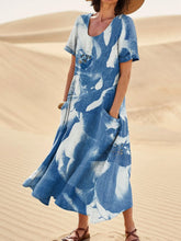 Load image into Gallery viewer, Sun Print Effect Blue Floral Art Printed Women's Linen Pocket Dress