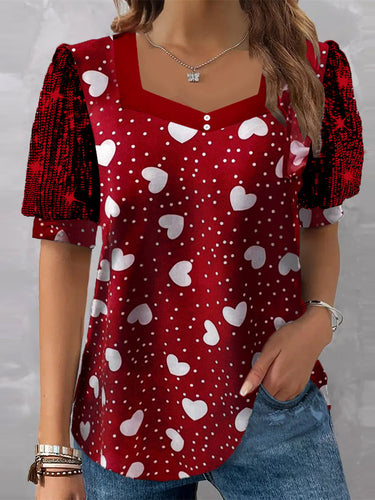 Women's Short Sleeve V-neck Graphic Printed Sequins Stitching Top