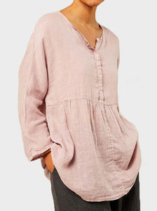 Plus Size  Cotton Casual V-neck Long Sleeve Tunic Topss