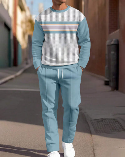 Men's Simple Colorblock Round Neck Casual Sports Set 0219