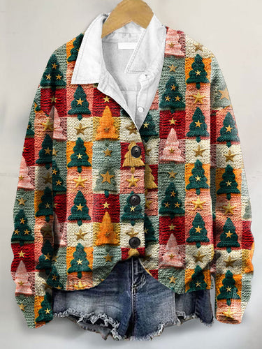 Christmas Tree Art Print Buttoned V-neck Cardigan Sweater