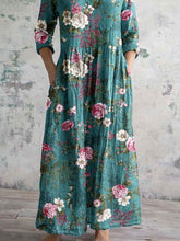 Load image into Gallery viewer, Women's Elegant Rose Floral Print V-Neck Cotton and Linen Dress with Pockets