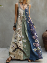 Load image into Gallery viewer, Vintage Gradient Japanese Sakura Cherry Blossoms Embroidered Pattern Linen V Neck Long Dress