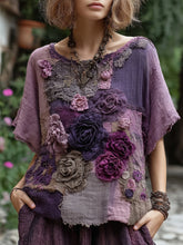 Load image into Gallery viewer, Vintage Purple Patchwork Rose Art Round Neck T-shirt