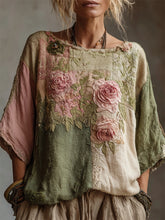 Load image into Gallery viewer, Vintage Pink Roses Embroidered Patchwork Linen Shirt