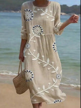 Load image into Gallery viewer, Women's Casual  Round Neck Mid Sleeve Print Cotton and Linen Dress