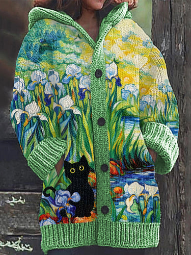 Irises & Black Cat Art Painting Cozy Knit Hooded Cardigan