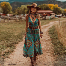 Load image into Gallery viewer, Women's Vintage Western Geometric Print V-neck Tank Midi Dress