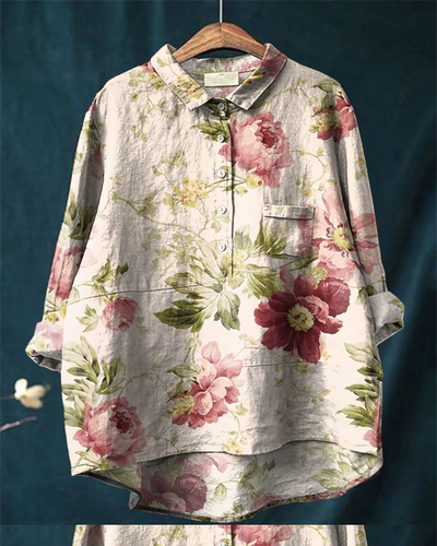 Vintage Floral Print Casual Cotton and Linen Shirt