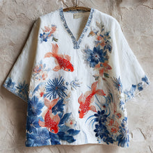 Load image into Gallery viewer, Goldfish &amp; Flower Embroidery Japanese Style Women's Linen V-neck Shirt