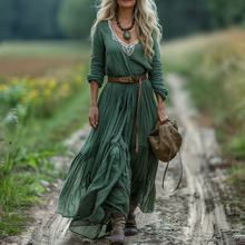 Load image into Gallery viewer, Women's Vintage Pastoral Style V-neck Linen Long-sleeve Maxi Long Dress