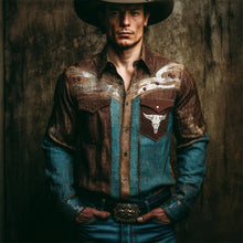 Load image into Gallery viewer, Vintage Western Bull Skull Pattern Men's Linen Long Sleeve Shirt