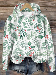 Women's Christmas Holly Print Hooded Sweatshirt