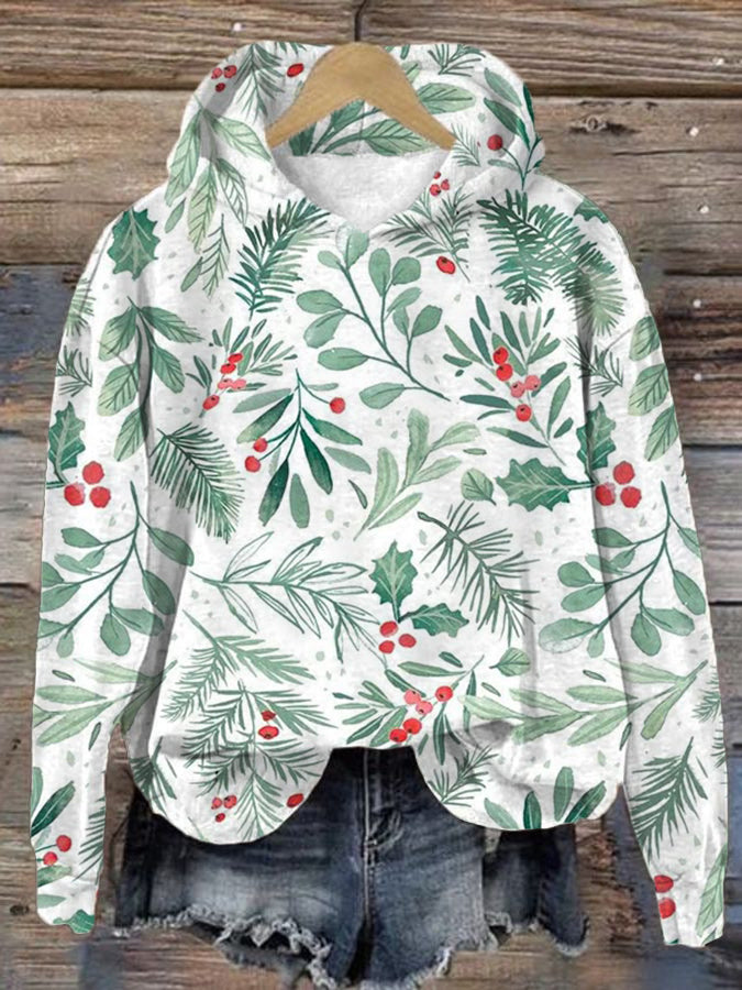 Women's Christmas Holly Print Hooded Sweatshirt