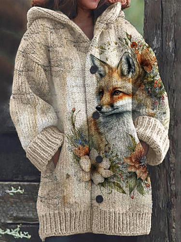 Vintage Fox Floral Art Cozy Knit Hooded Cardigan