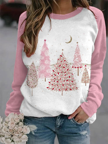 Women's Pink Christmas Tree Print Sweatshirt