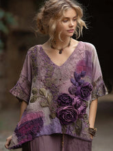 Load image into Gallery viewer, Vintage Bohemian Embroidered Floral Patchwork Linen T-shirt