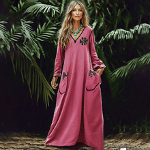 Load image into Gallery viewer, Women&#39;s Vintage Contrast Pocket Long Sleeve Linen Maxi Dress