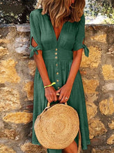 Load image into Gallery viewer, Women's Solid Cotton Linen V-Neck Tie Half-Sleeve Casual Dress