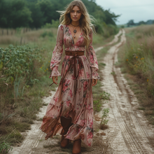 Load image into Gallery viewer, Women's Retro V-neck Floral Long-sleeve Bohemian Pastoral Style Maxi Long Dress