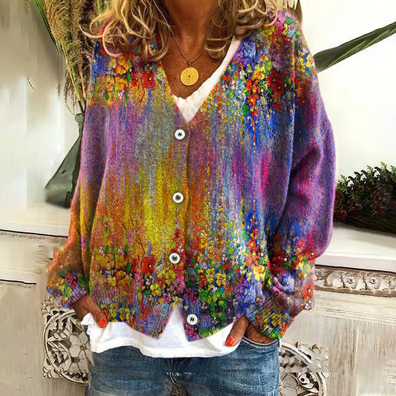 Floral Print V-Neck Knitted Cardigan