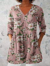 Load image into Gallery viewer, Women's Elegant Floral Pattern Round Neck Cotton and Linen Top